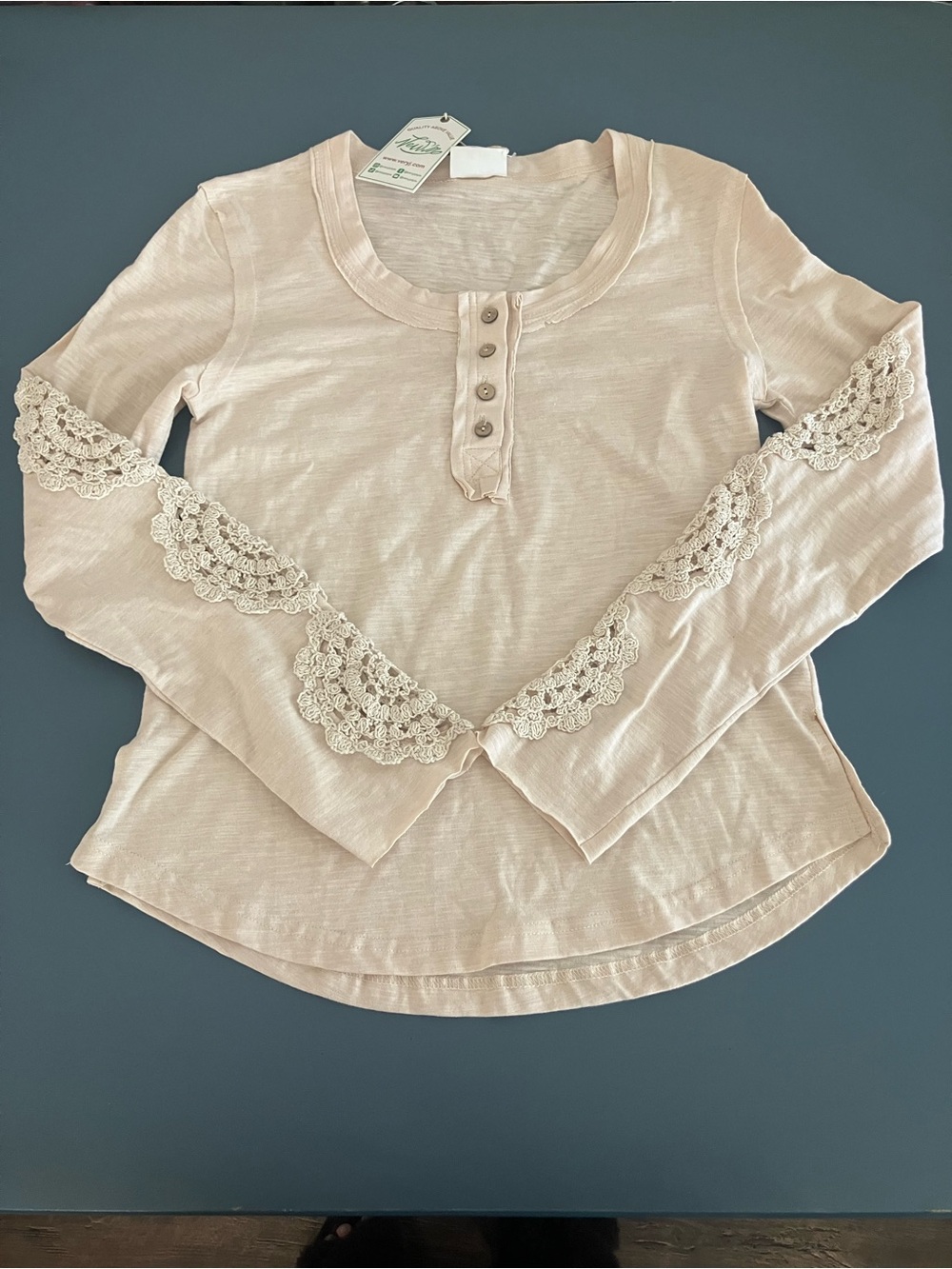 NWT Boho Crochet-Trim Henley Cotton Cream Long Sleeve Top